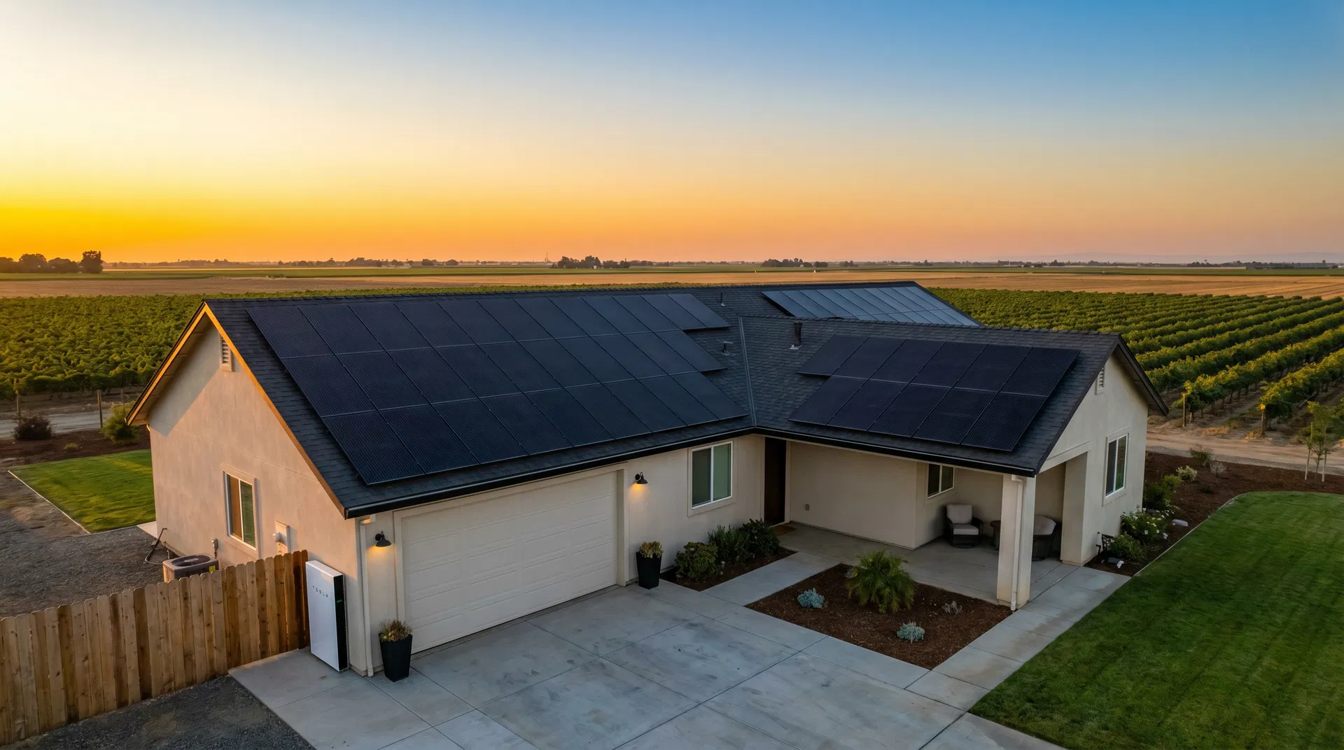 Central Valley home with solar panels at golden hour