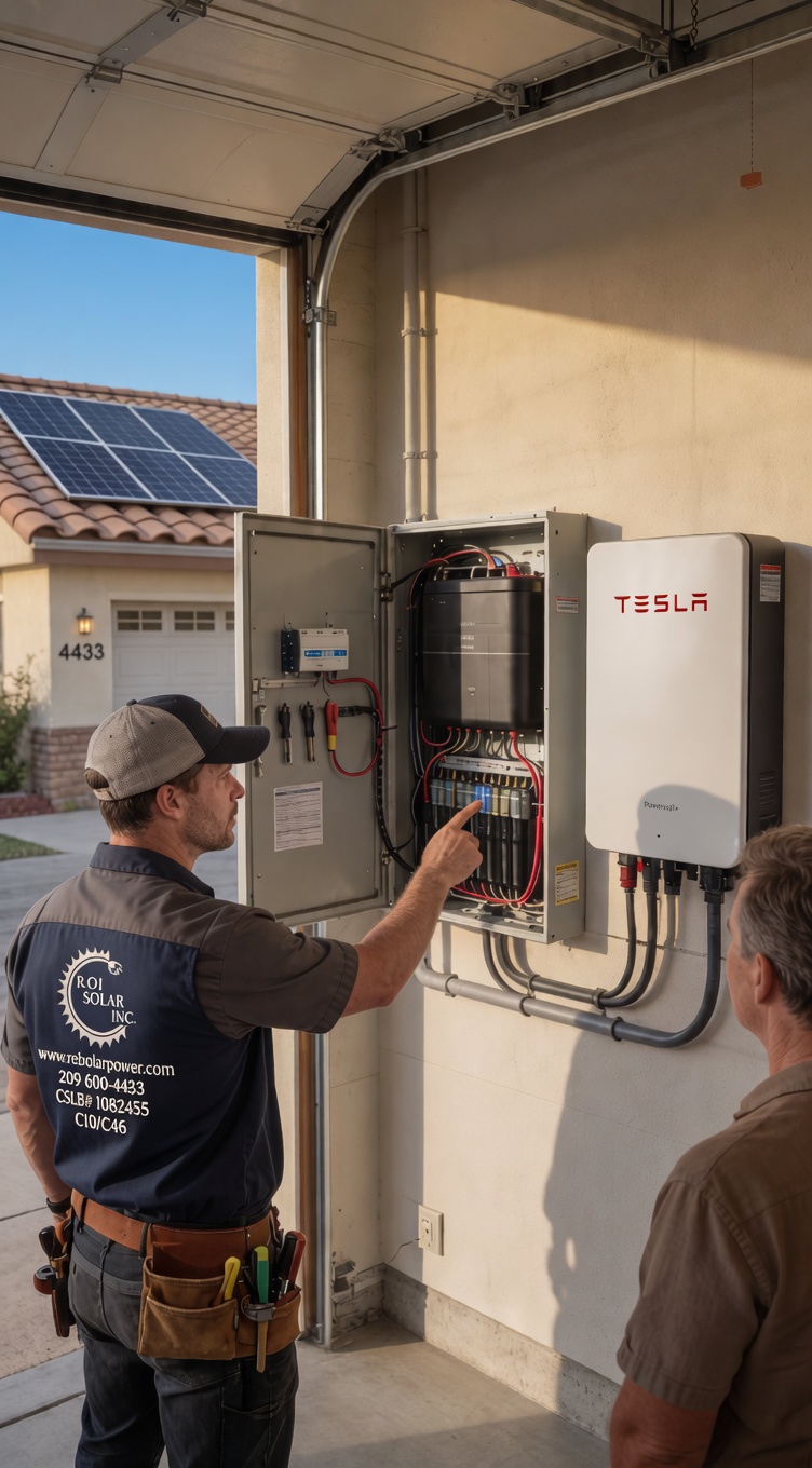 ROI Solar technician installing Tesla Powerwall in Lodi, CA